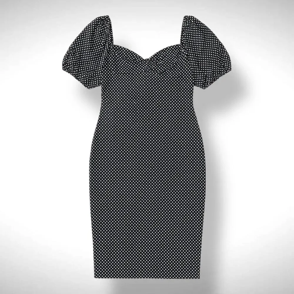 betsey johnson black polka dot dress Size 12 Sweetheart Midi White Puff‎ Sleeve Apricot Black Sequin Trim Custom Belts Women Style:plain bib